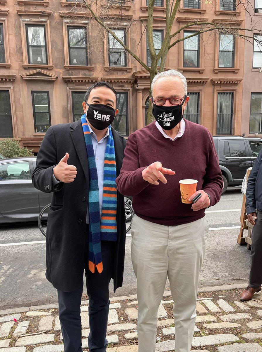 AndrewYang's tweet photo. Look who I ran into in Fort Greene - thank you Senate Majority Leader Chuck Schumer on behalf of all of us! ๐๐ฝ๐ https://t.co/5s46MOMU0B