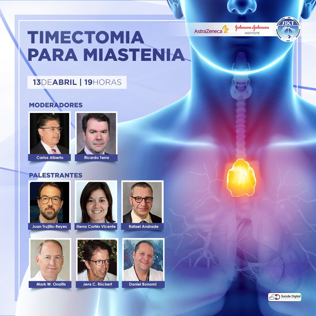 13/04/2021 - 19h - Webinar SBCT sobre Timectomia para Miastenia
 Inscreva-se em:
conteudo.saudedigital.tech/sbct-13-04-tim…
#sbct
#timectomia
#miastenia