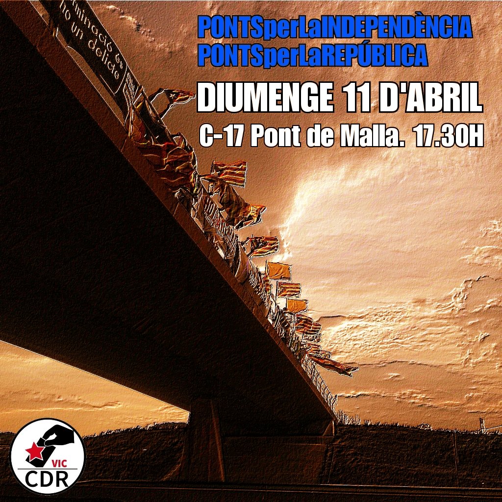 ✊🏽 Pels que sempre hi són, donen sentit a no renunciar a fer-ho junts i sense deixar-nos mai ningú pel camí.
Som una lluita compartida!

‼️Pancartes i banderes aquest DIUMENGE 11 d'abril als #PONTSperLaINDEPENDÈNCIA de #Vic‼️

Pont de Malla C-17 a les 17.30h.
#PONTSperLaREPÚBLICA