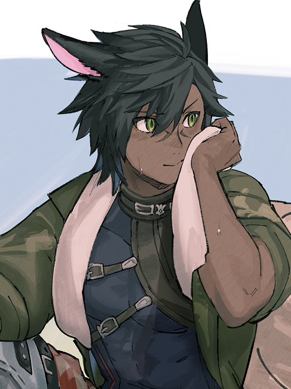 avatar (ff14) 1boy male focus animal ears dark-skinned male dark skin towel black hair  illustration images