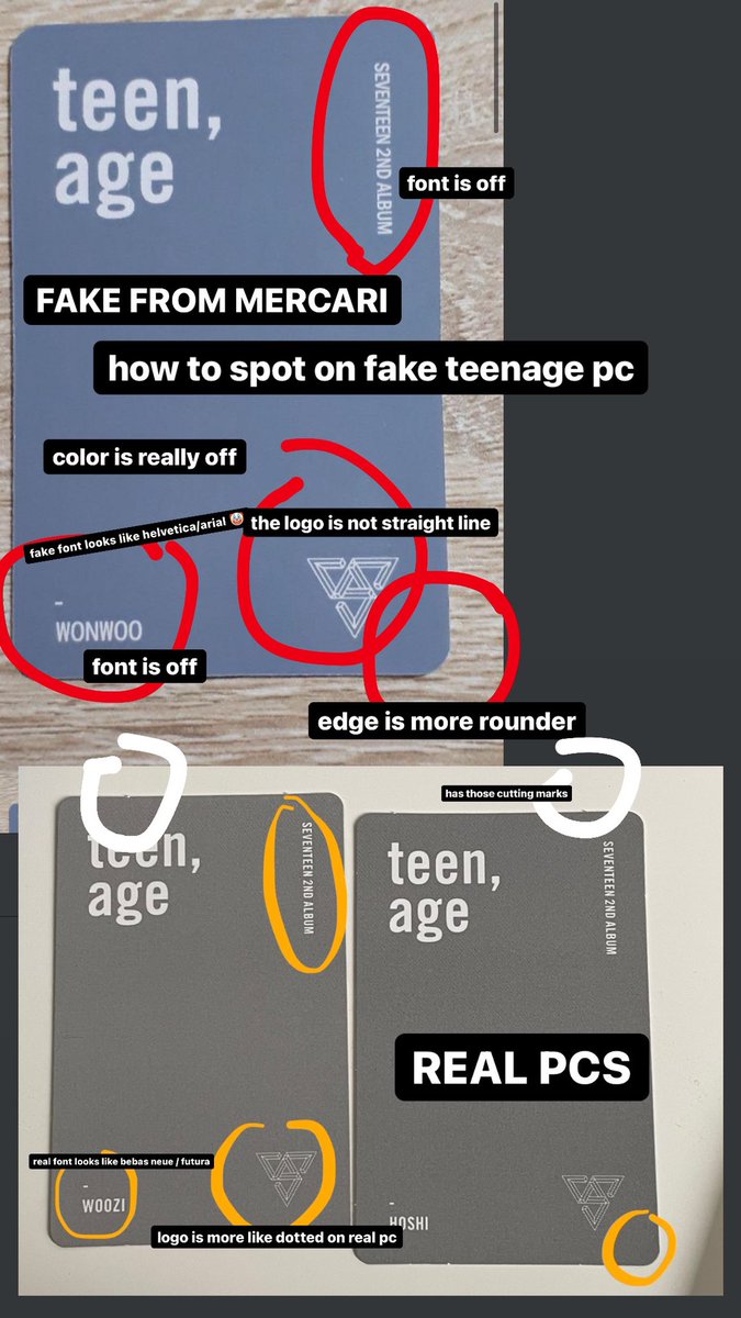 baekhonator's tweet photo. theres been lots of fake teen,age pcs on mercari japan so please be careful friends~ here how you can spot the fakes https://t.co/JxETrchzL7