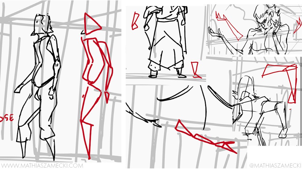 Scalene Triangles (Three unequal sides) 1-He uses this all the time to simplify the shapes of the body.-from big shapes like whole body to smaller ones like hand or digits.-triangles have an innate sense of motion and dynamism so use them to create dynamic gestures and poses.