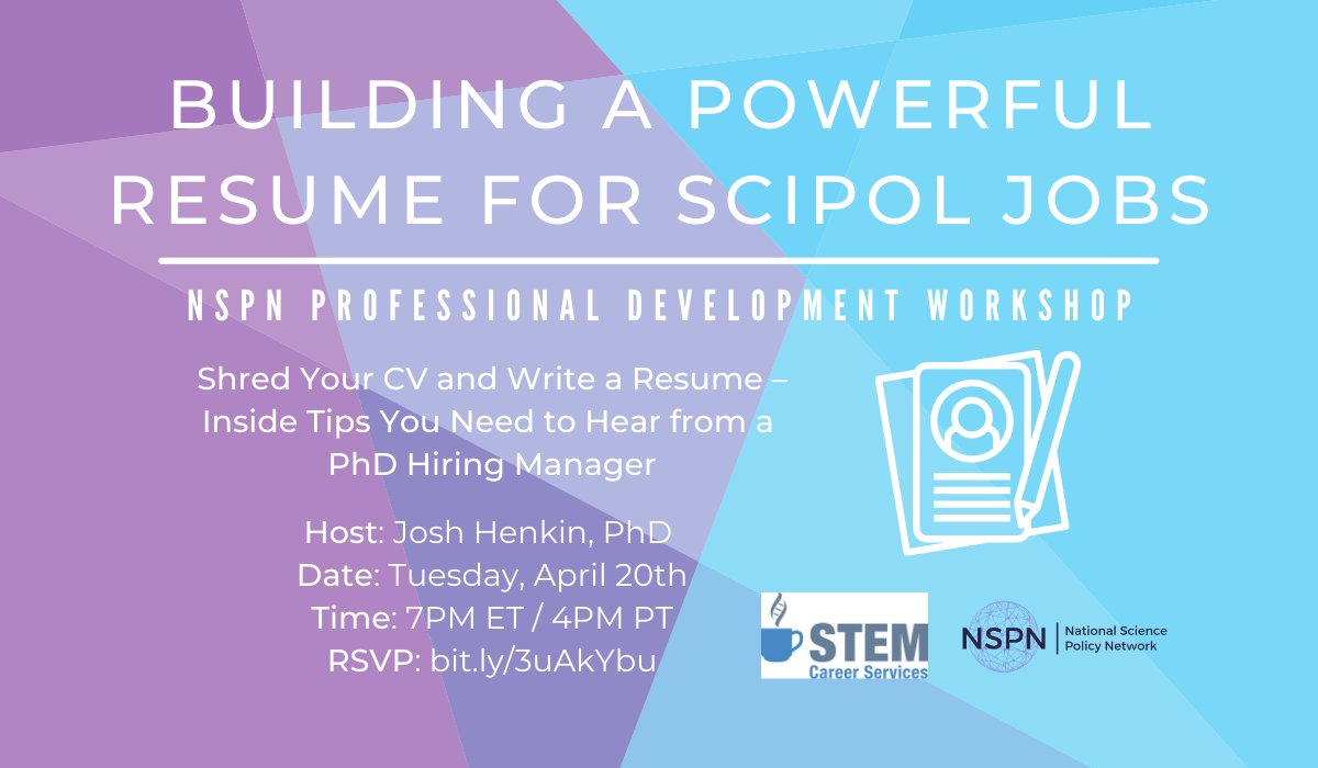 SciPolNetwork's tweet image. NSPN Member Exclusive Webinar ✨

Join us &amp;amp; Josh Henkin, PhD at @STEM_Careers on April 20th at 7PM ET to learn everything you need to know about crafting your resume and communicating your skills / experience in an impactful and concise manner! 📝

RSVP at bit.ly/3uAkYbu