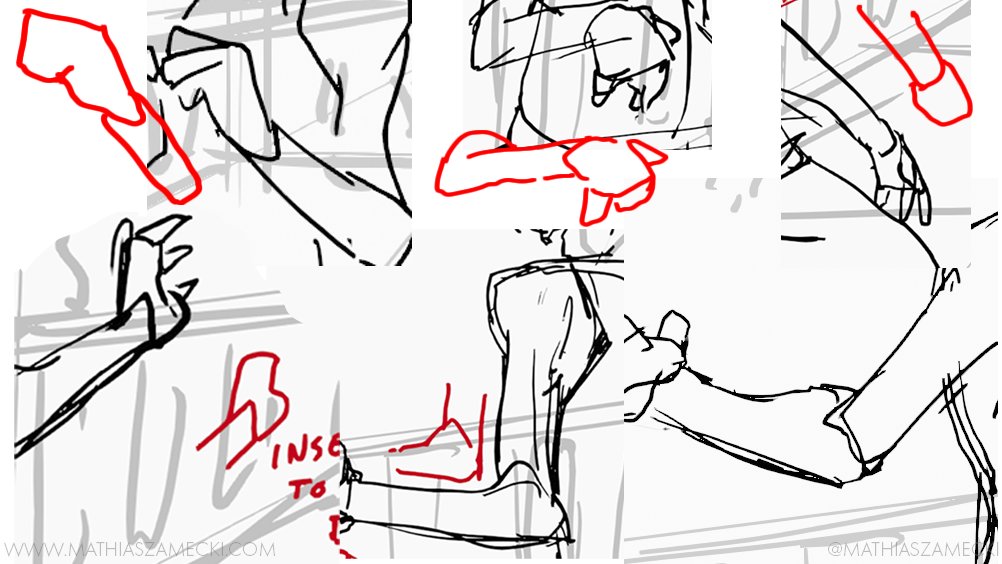 Insertion
- In storyboard, there is a need for speed and quick read so Insertions are a vital tool
- This is maybe not anatomically correct all the time, but again those wedges around the joints add dimensionality and depth by overlapping the masses. 