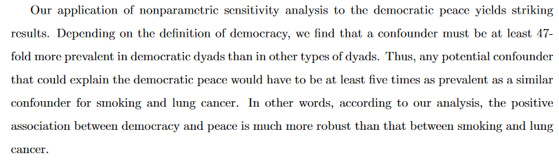 Concern 1: the smoking comparison. As they state in the abstract and introduction (and go into some detail in the paper, especially when reanalyzing the Gartzke paper):