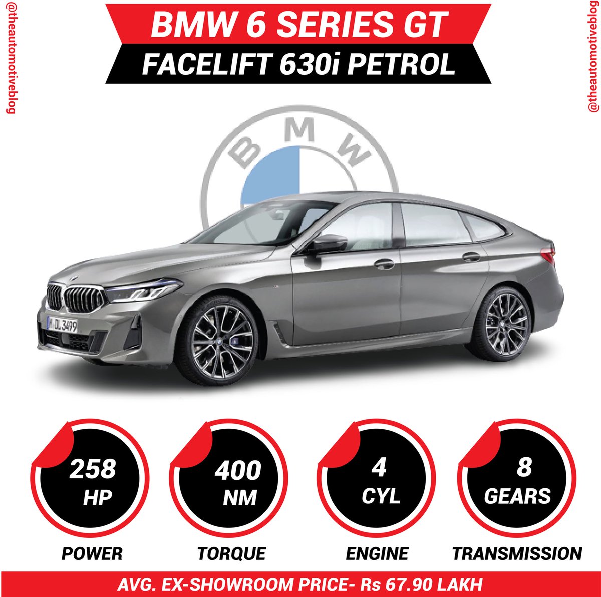 AutomotiveBlog_'s tweet image. BMW 6 Series launched at Rs 67.90 lakh (ex-showroom, India). Prices are introductory. On offer are three variants.
630i M Sport- Rs 67.90 lakh
620d Luxury Line - Rs 68.90 lakh
630d M Sport - Rs 77.90 lakh
@bmwindia #BMW #bmw6series #6gt