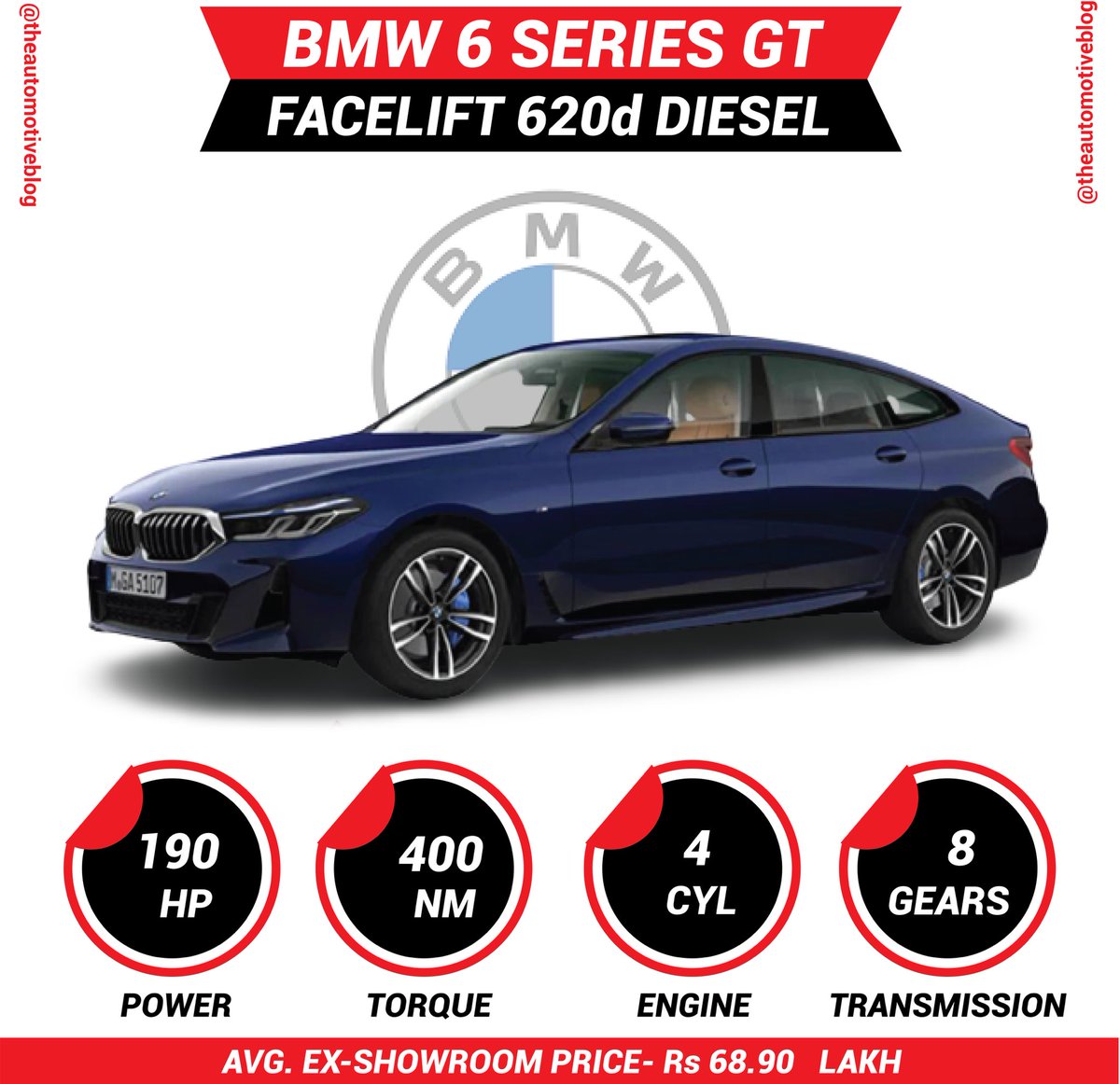 AutomotiveBlog_'s tweet image. BMW 6 Series launched at Rs 67.90 lakh (ex-showroom, India). Prices are introductory. On offer are three variants.
630i M Sport- Rs 67.90 lakh
620d Luxury Line - Rs 68.90 lakh
630d M Sport - Rs 77.90 lakh
@bmwindia #BMW #bmw6series #6gt