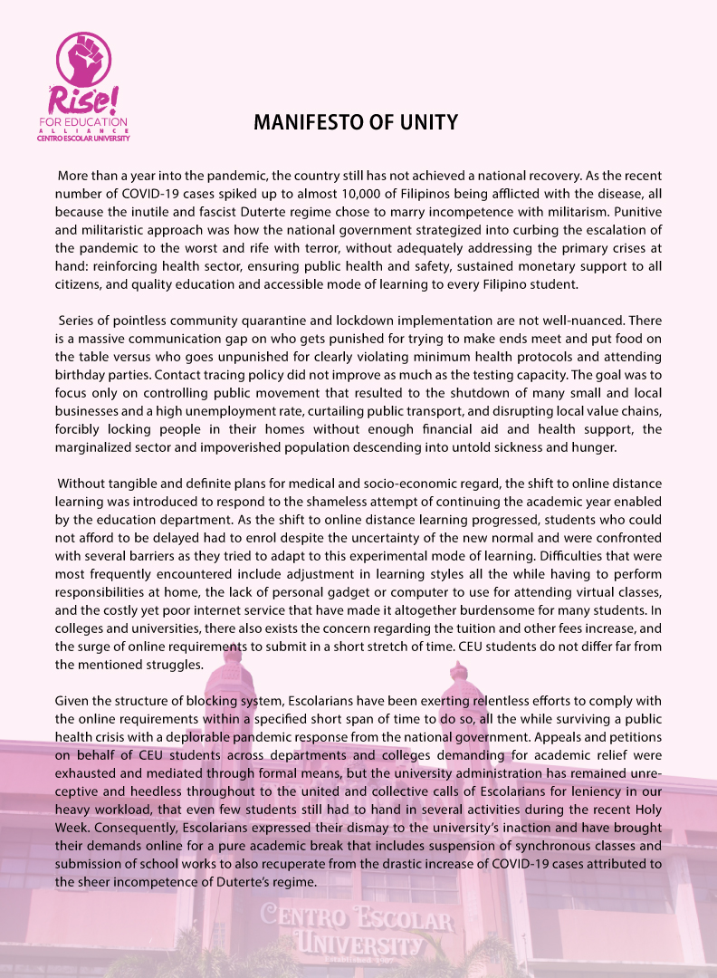 R4ECEU's tweet photo. Escolarians expressed their dismay to the university’s inaction and have brought their demands online for a pure academic break that includes suspension of synchronous classes and submission of school works to also recuperate from the drastic increase of COVID-19 cases https://t.co/PQiqKNBm2r