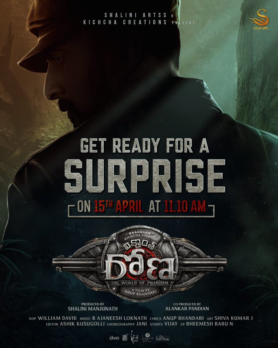 PRDuddiSreenu's tweet photo. Get ready for a surprise on 15th April at 11:10 AM from Team @VikrantRona

#VikrantRonaAnnouncement 

#VikrantRona @KicchaSudeep @anupsbhandari @jackmanjunath @alankar_pandian #ShivaKumarJ #WilliamDavid @Shaliniartss @The_BigLittle @Kichchacreatiin https://t.co/lq4W3spmGW