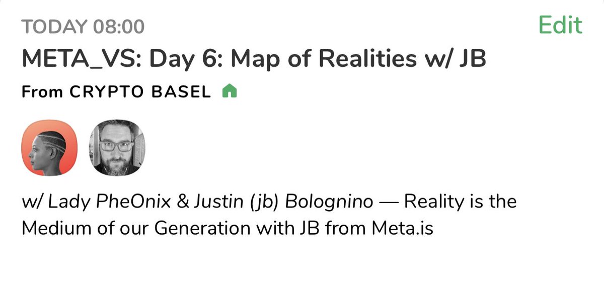 cryptoartadvisr's tweet photo. Last day of #Meta_vs
META_VS: Day 6: Map of Realities w/ @jbolognino in #ClubCryptoBasel. Today at 08:00 PDT
Tap in:
https://t.co/SSwompEu6h https://t.co/yHY0kWfVHE