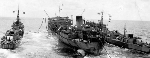 In late 1944 the fleet was significantly bolstered with more warships, landing craft and a considerable 'fleet train'. The latter was necessary to sustain the fleet at sea: the vast distances in the Pacific and Indian Oceans prohibited operating from ports in the usual manner.