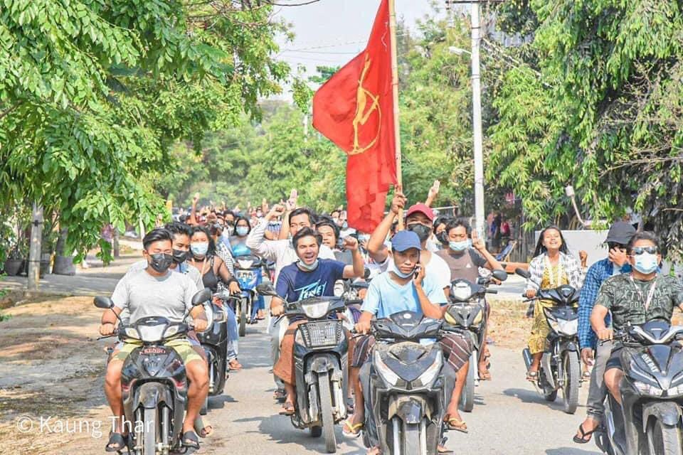 SayaSuper2's tweet photo. Photos from today's April 10 motorcycle Strike against #BurmaCoup in #Monywa , which is still going strong although there was a crackdown before it started. As usual Wai Moe Naing , one of the youths started the #SpringRevolution, 

#WhatsHappeningInMyanmar https://t.co/qoqXbqdjT9