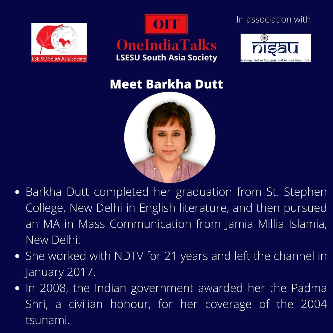 OneIndiaTalks's tweet photo. Meet our next guest, Barkha Dutt @BDUTT. Come hear from her on the 15th of April
#lse #barkhadutt #modi #pmmodi #congress #bjp #mojostory #washingtonpost
#oneindiatalks #realluminaries #lsesu #lseindia #visionforindia #news #india
@NISAU_UK https://t.co/o9T95SsWuH