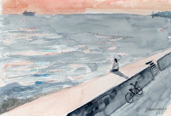 「海に行ってのんびりしたい^ ^
(昔描いた絵)

#水彩画 #みんなで楽しむTw」|ごまらーめんのイラスト