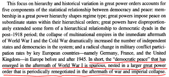 A key claim in Pat's paper is that the Democratic Peace finding does exist...but it is the product of US hegemony, largely during the Cold War.