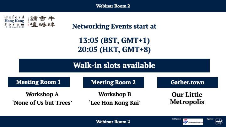 OxHKForum's tweet photo. Next up are workshops and networking! Join us @gather_town, visit 🌳 in Hong Kong virtually or learn more about the Lee Hon font! https://t.co/26AMAlNRrs