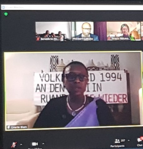 RwandaInGermany's tweet photo. Madam Jacqueline Mukandanga-Blam, Chairperson of IBUKA-Deutschland, appreciated the RPA army for stopping genocide and  expressed her hope for the future of a united country. #Kwibuka27 https://t.co/SKlY8twmLh