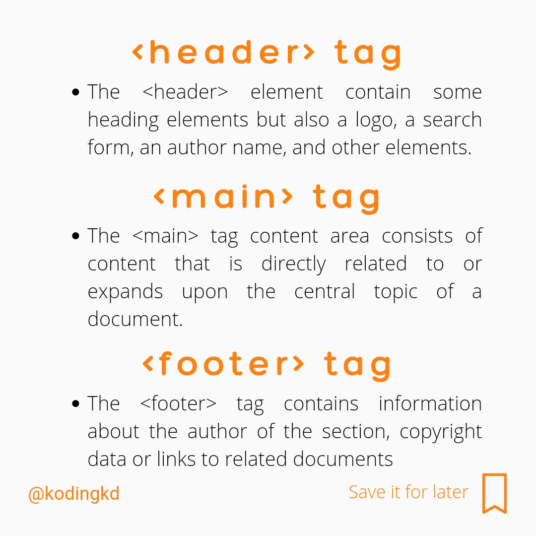 kodingkd's tweet image. Day - 9 | The header, footer & main element in HTML
Follow @kodingkd for more 💯
.
Was It helpful?
Let me know in the comments 👇🏼
.
.
.
#header #footer #main #html #htmlcoding #htmlcss #htmlcode #kodingkd #30daysofhtml #scss #csstricks #csstips #css3code #programmerslife