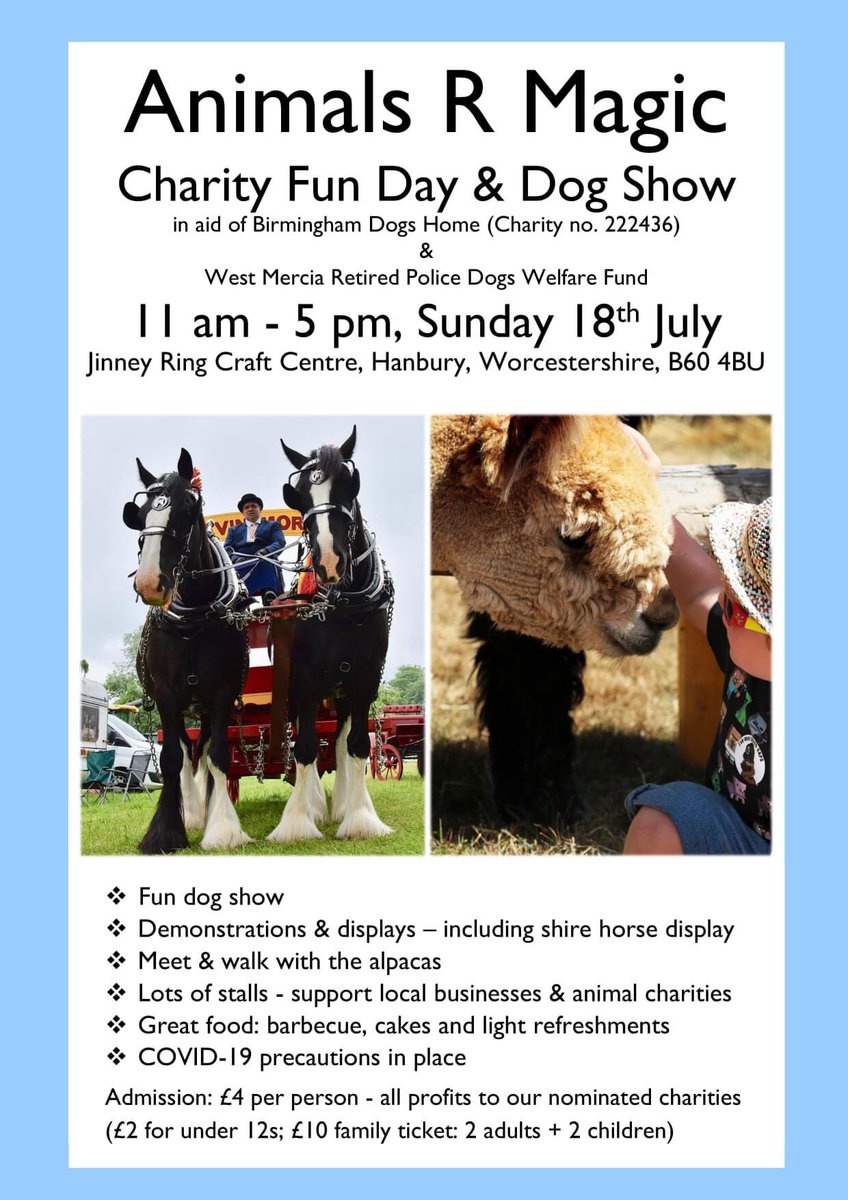 AnimalsRMagic2's tweet image. Animal-themed charities &amp;amp; businesses are warmly invited to Animals R Magic Charity Fun Day, Worcestershire, B60 4BU on Sunday 18th July. Pitches just £8/£25. Meet an enthusiastic audience of animal lovers. Email: AnimalsRMagic2019@gmail.com 
#worcestershirehour #worcestershire