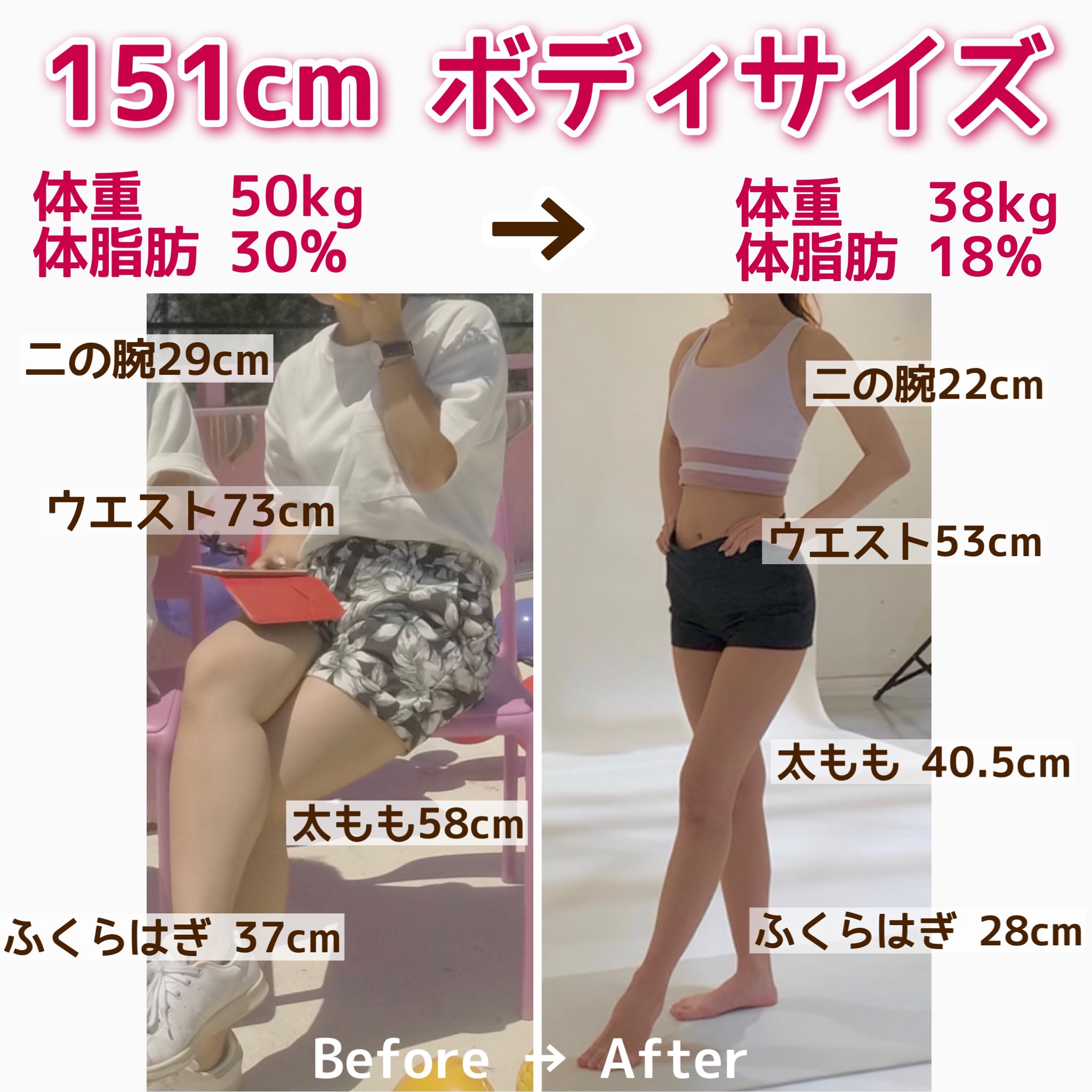 Hazu 12kg痩せたダイエッター 12kg痩せたダイエッターの ボディサイズの ビフォーアフターです 151cm 50kgから12kgダイエット T Co E9u3zpusfz Twitter