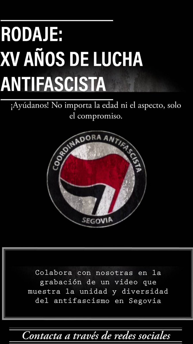 🗣️¡OS NECESITAMOS!

 📽️ Vamos a grabar un video para celebrar el 15 Aniversario de la Coordinadora Antifascista de Segovia y queremos contar con todas vosotras🎬