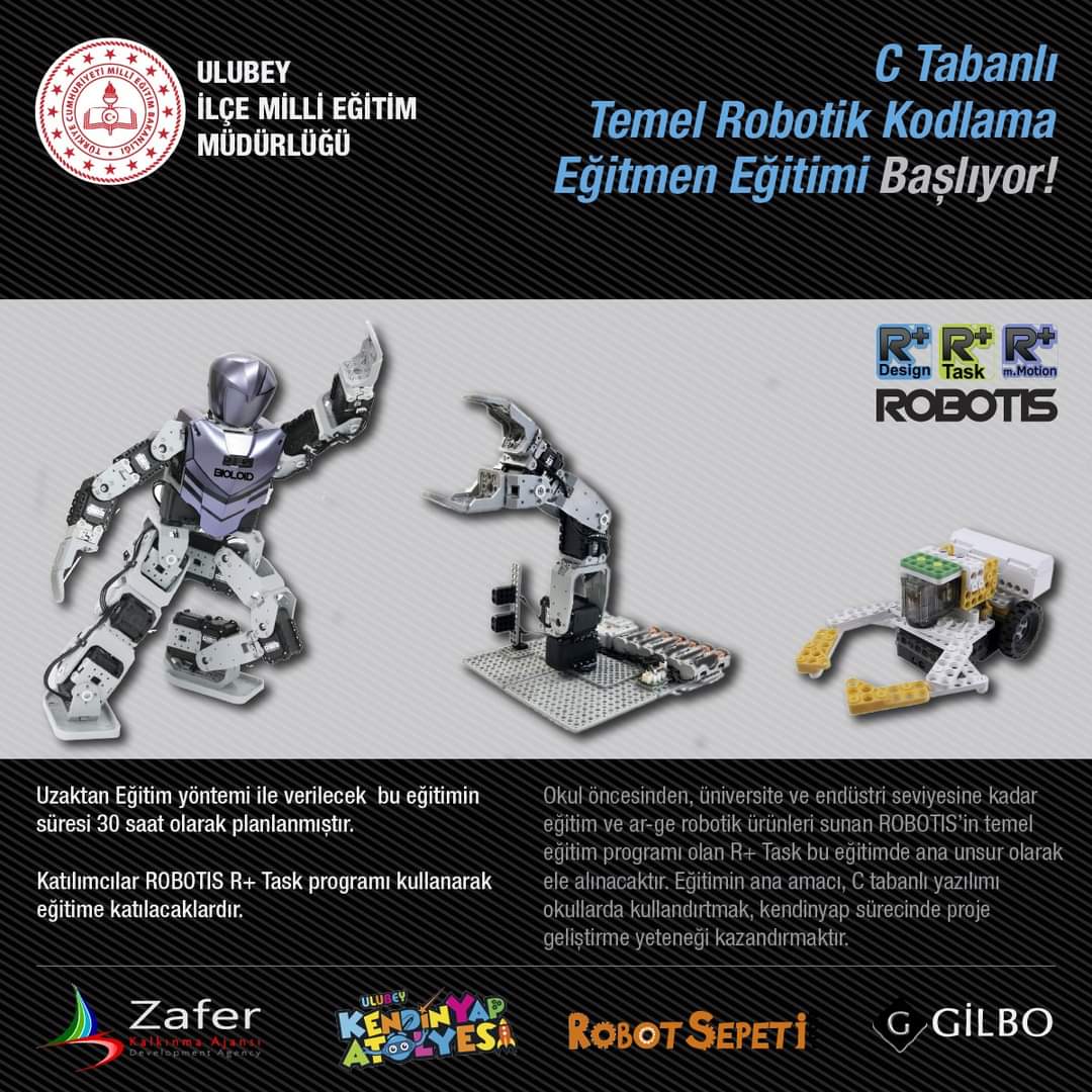 inamli's tweet image. 12-16 Nisan tarihlerinde Uşak/Ulubey İlçe Milli Eğitim Müdürlüğü bünyesindeki öğretmenlerimize YENEP kapsamında ROBOTIS Roboti Kodlama Eğitimi vereceğiz. #robotis #gilbo #robotsepeti