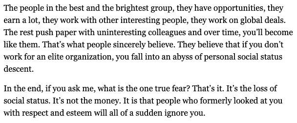 Today's  @dealbook has an important discussion about the culture of overwork and how, for example, students at the beginning of college or grad school say they don't want to go into banking/consulting but get sucked in. Why? Having been programmed to compete and win - and fear. /1