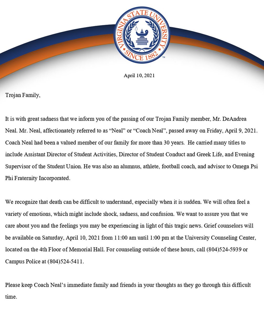 The Trojan Family is saddened by the news of our beloved faculty member and VSU Alumni Mr. DeAndrea Neal, '96 passing. Please see the university's sentiment below. 

Forever in our hearts. 🕊️🧡💙
