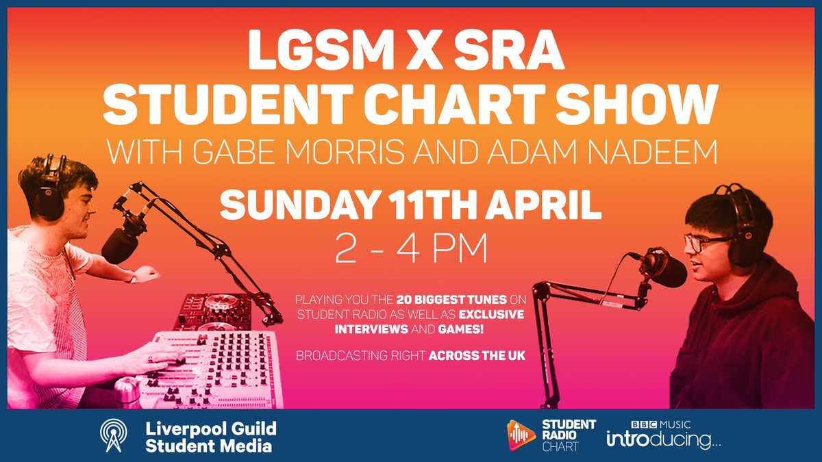 We are so excited to be hosting this week’s <a href="/SRA/">Student Radio Association</a> Student Chart Show in association with <a href="/bbcintroducing/">BBC Music Introducing</a>! 🥳 Tune in tomorrow from 2pm as we count down the hottest tunes on student radio this week! 🔥

#SRAChart <a href="/LiverpoolGuild/">Liverpool Guild</a> <a href="/LivUni/">University of Liverpool</a>