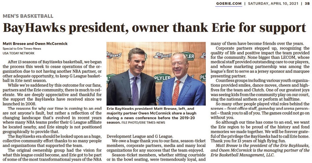 From the heart. Thank you, Erie.