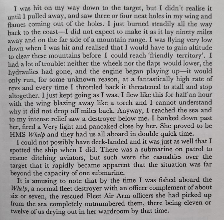 Here's Halliday's own account of their return flight and rescue by Whelp (shamelessly borrowed from Task Force 57 by Peter Smith).