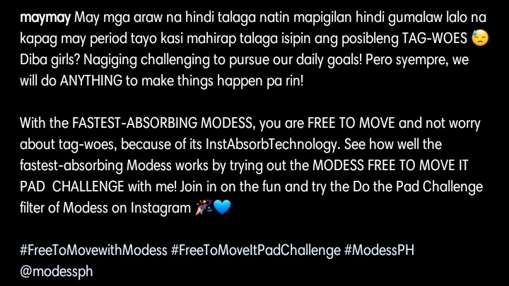 flyer_chavz's tweet photo. See how well the fastest-absorbing @ModessAngels works by trying the MODESS FREE TO MOVE IT CHALLENGE with Maymay. Join the fun and try the Do the Pad Challenge filter of Modess on Instagram!

#FreeToMoveWithModess 
#FreeToMoveItPadChallenge
#ModessPh 

#MayWard https://t.co/cotJzNMvLh