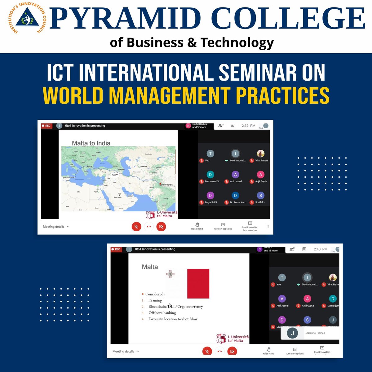 PcbtIic's tweet photo. Thanks for your Participation in the Web-based "ICT International seminar on world management practices" by Lalit Garg, B.E.(Bark.),P.G.D.I.T.(IIITM),Ph.D.(Ulster). Here are some glimpses of the event.

#PCBT #PyramidCollege #jointoday #eventpcbt #phagwara #success #student https://t.co/tZ6fv4Y3ya
