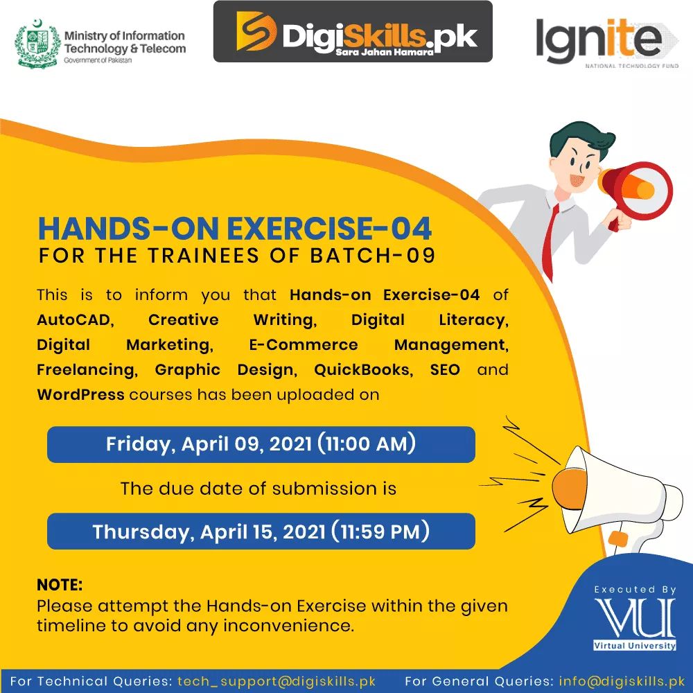 digiskillspak's tweet photo. Exercise-04 of AutoCAD, Digital Literacy, Digital Marketing, E-Com Management, Freelancing, Graphic Design, QuickBooks, SEO and WordPress courses has been uploaded. Due Date is April 15, 2021(11:59 PM).
#DigiSkillsPk #Learn2Earn #SaraJahanHamara #Ignite #VirtualUniversity #MOIIT https://t.co/WlKmUAb0L0