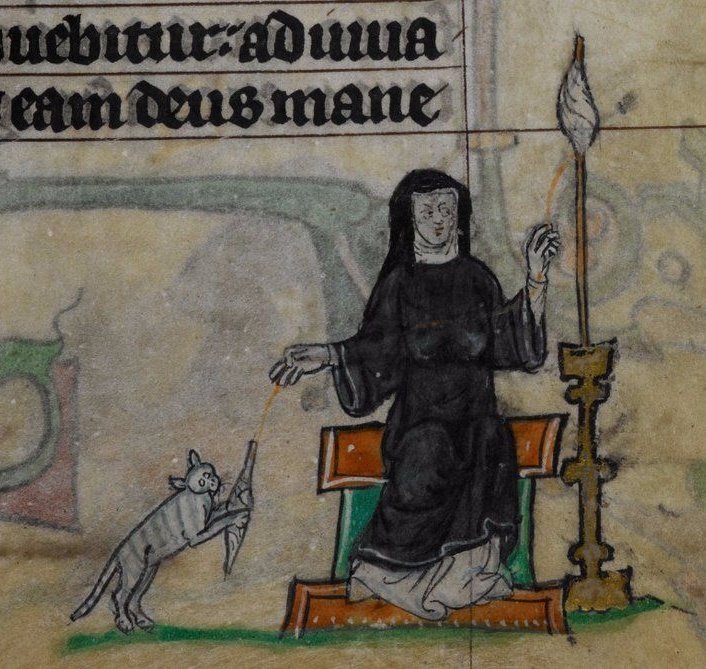 For  #Caturday on this  #NationalPetMonth thread. A nun spins wool while her cat plays with the spindle ( @britishlibrary Ms Stowe 17 f. 34r, early 14th c. Book of Hours, Netherlands)  #nuntastic