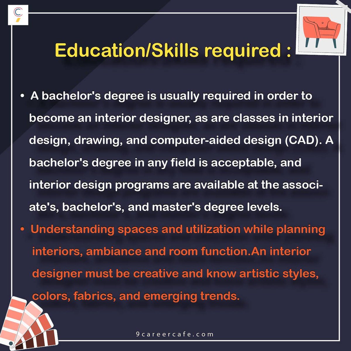 9CareerCafe's tweet photo. Do you want to do interior designing but still wondering about it's details, here we are giving you complete information about it.
Follow your passion
Stay tuned @9-0-career-cafe
#RavishKumar #RahulDravid #Norway #Toyota #SaturdayMotivation #SaturdayVibes #SaturdayThoughts https://t.co/AsFv8NPBv0