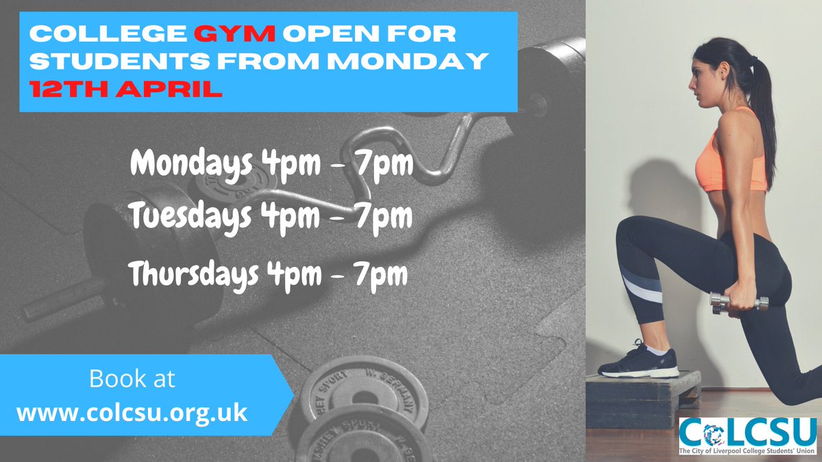 CoLCSU's tweet photo. @COLCollege gym will be open from Monday 12th April (subject to Government guidelines). Sessions are free and open to all students but must be book in advance at https://t.co/hzGDvvOKqa (spaces are limited) https://t.co/XxTSBBd3km