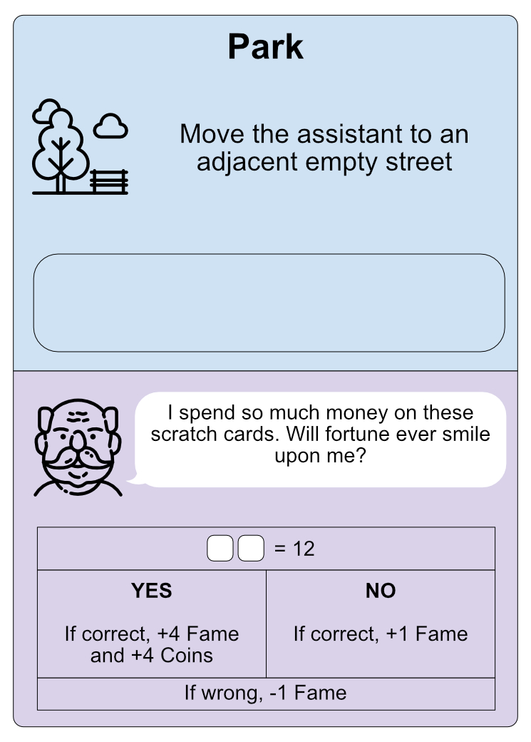 The mockup of a village card. The top half is about a park and the bottom half has an old man asking you if he's ever going to win any money from scratch cards.