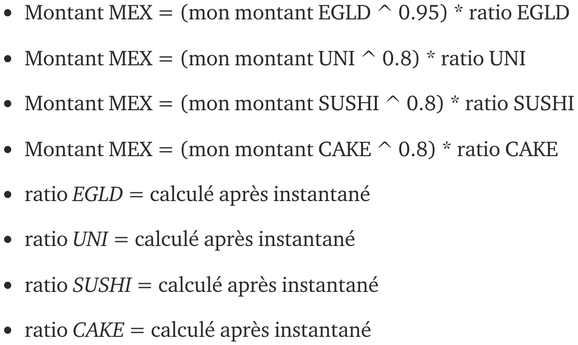 SI vous avez juste vos EGLD sur Maiar ou sur le wallet vous aurez un multiplicateur x1 (la somme de base)Si vous avez au moins 1 EGLD sur Maiar et 5 affiliés vous avez un multiplicateur x1,25Si vos EGLD sont stack vous avez un multiplicateur x1,5 sur vos  $MEX (le maximum)