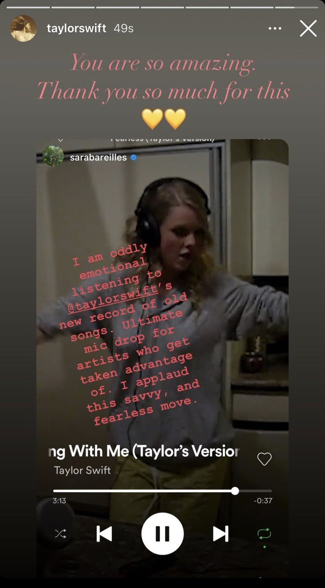 📲 IG | Taylor Swift shared @SaraBareilles Instagram story — “You are so amazing. Thank you so much for this 💛💛” #FearlessTaylorsVersion