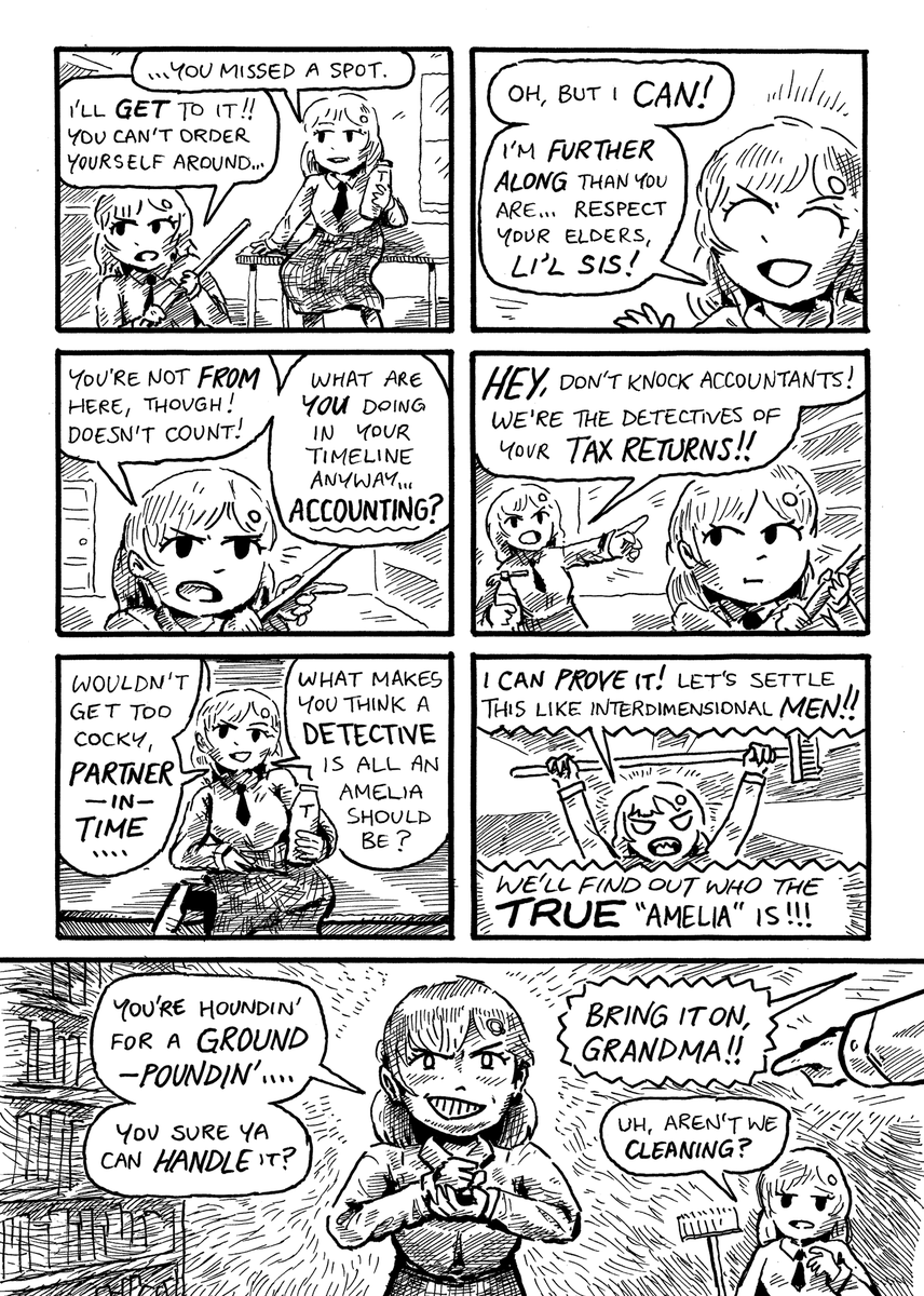 in this 3-PAGE edition of "vtuber comix", reine finds a time-travelling solution to all her housekeeping woes! but soon she learns why you can't leave too many amelias in the same room for long... #ameliaRT #Reinessance 