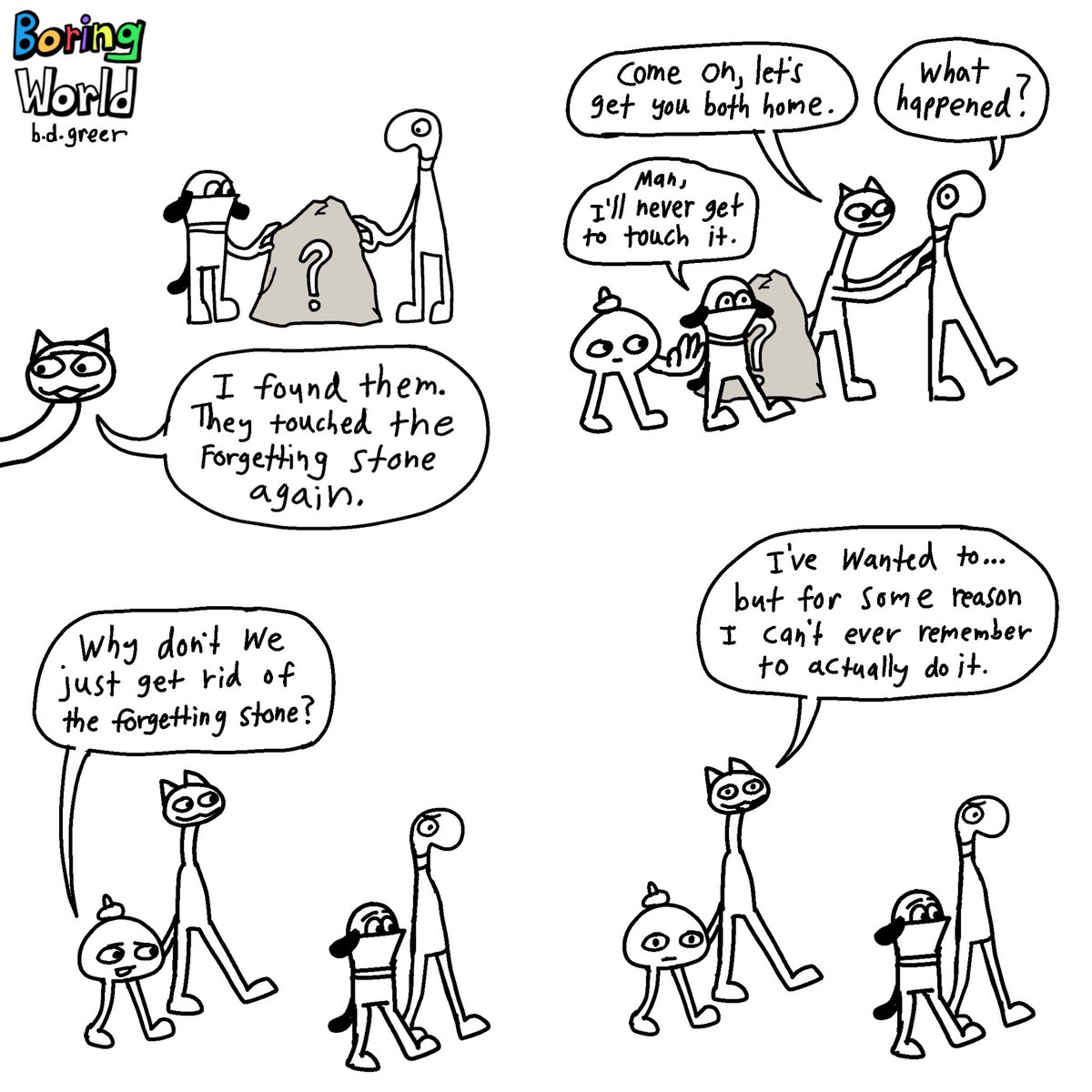 bdgreer's tweet photo. ▫️Boring World 34.
——
Forgetting Stone Part 2: Conclusion! The epic saga is over (for now) but at least we have our memories. Maybe... #comic #artshare #boringworld
——
Read the bonus panel (for free!) at https://t.co/cuCR1LZVyK. https://t.co/Lz52krPnR5