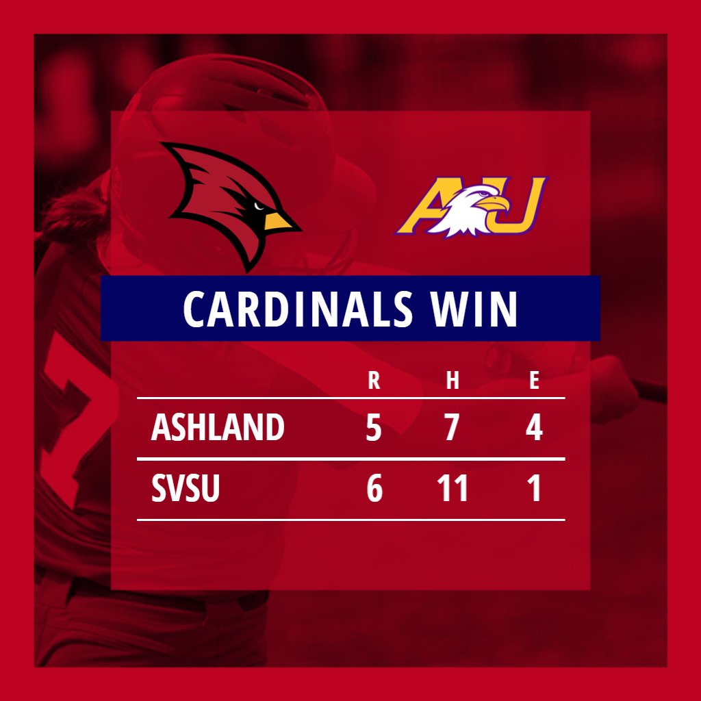 CARDINALS WIN!!

<a href="/SVSU_Softball/">Cardinal Softball</a> rallies for 6-5 walk-off win in game one over Ashland

Gills with two-run HOME RUN in the 6th to tie it and the game-winning bases-loaded single to win it in the 7th

Game two to start shortly