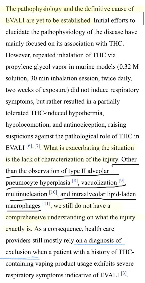 “Other than the observation of type II alveolar pneumocyte hyperplasia [8], vacuolization [9], multinucleation [10], and intraalveolar lipid-laden macrophages [11], we still do not have a comprehensive understanding on what the injury exactly is.” #EVALI  #pathophysiology
