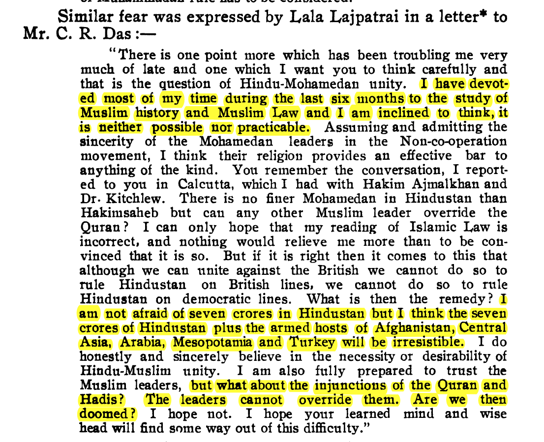 Lala Lajpat Rai to CR Das-After studying M history and M canon law, in am inclined to think that H-M unity is neither practical nor possible - I am prepared to trust M leaders but what abt d injunctions of the Quran and Hadis, the leaders can't override them. Are we doomed?