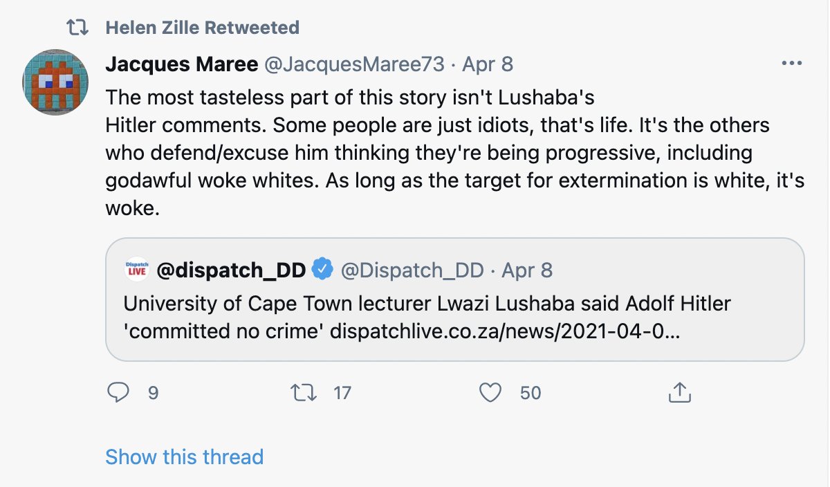 1. In its 2nd article about Dr Lushaba,  @TimesLIVE reported that it had "seen a 12-second clip of the video."Now Dr Lushaba faces a complaint to the  @SAHRCommission by  @Our_DA and cancellation by  @helenzille for targeting whites for 'extermination'.UCT is investigating.  https://twitter.com/TimesLIVE/status/1380136777567068163