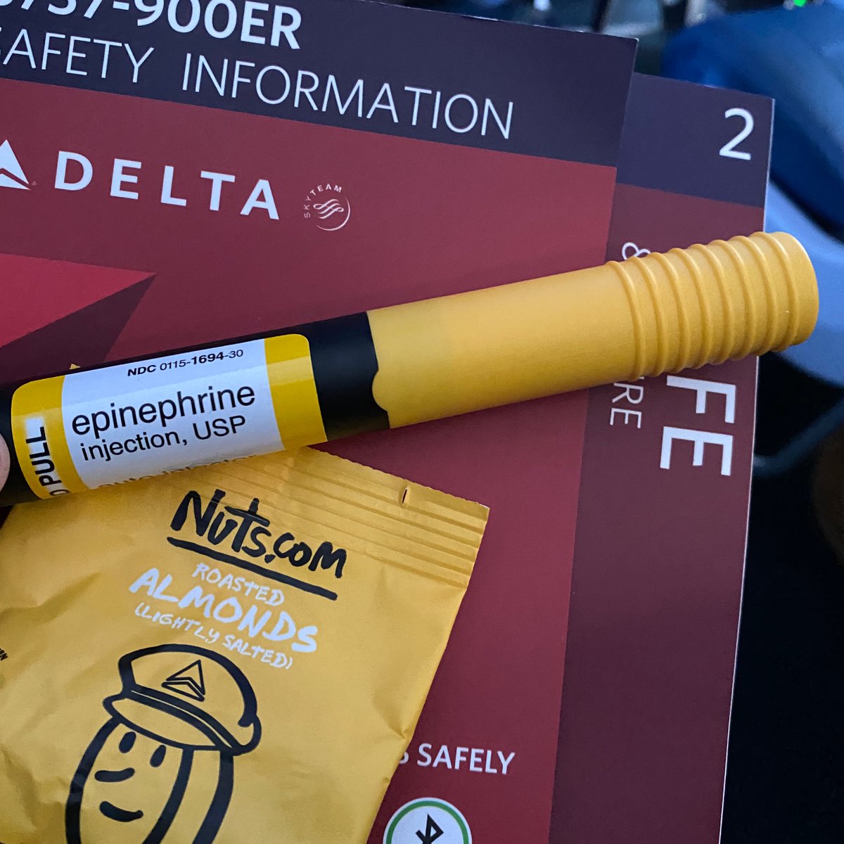 Refuse2doNothin's tweet photo. Apparently masks are not the only thing mandatory on a @Delta flight. #EpiPenMust #CelebratingCross #DrivingMeNuts #FoodAllergyAwareness #FavoriteAirline #SimpleChange #NoNutsOnPlanes #RefuseToDoNothing https://t.co/p37OPuydjo