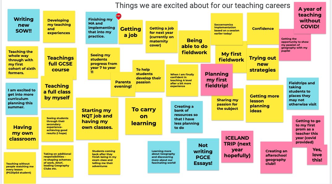 We discussed whether we wanted to be more academic or pastoral at school in the future. On a jamboard we shared what we are excited about for our teaching careers