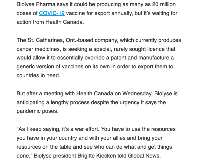 OnadaExpansiva's tweet photo. #PublicHealth #Canada @BiolysePharma suggests @HealthCanada lacks urgency over its ask to produce COVID-19 vaccines for export @jacqlebel980 @globalnews #CompulsoryLicense https://t.co/QDMKrFVzCu