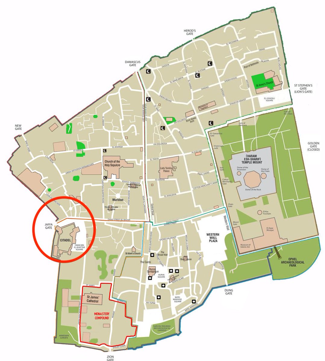 For orientation, here's a map of the Old City of Jerusalem (via Wikimedia Commons), with the area we're looking at -- the west entrance to the Old City -- circled in red and in detail on the right. https://commons.wikimedia.org/wiki/File:Map_of_Jerusalem_-_the_old_city_-_EN.png~mp